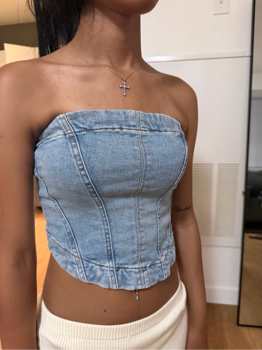 Garage Light Blue Denim Strapless Corset Camisole